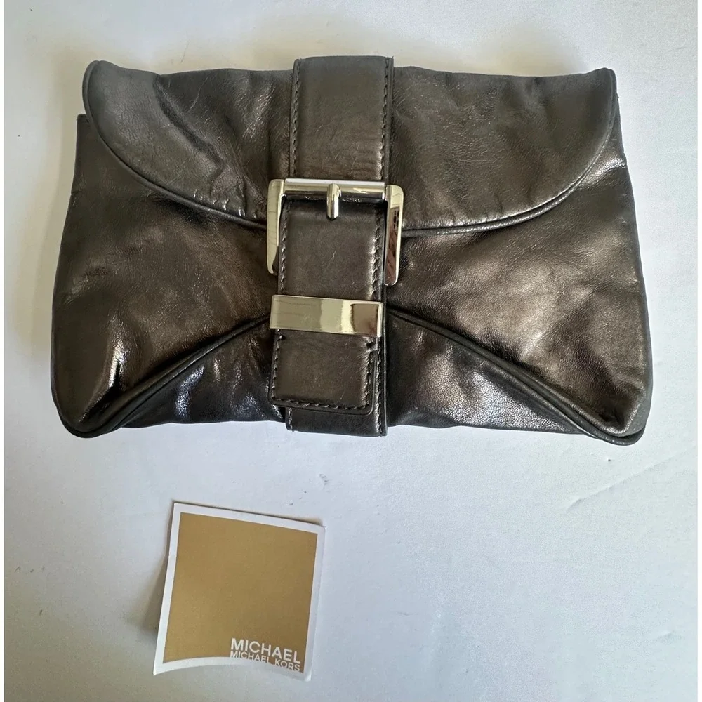 Y2K Michael Kors Heidi Clutch Metallic Pewter Leather Buckle Evening Bag NEW